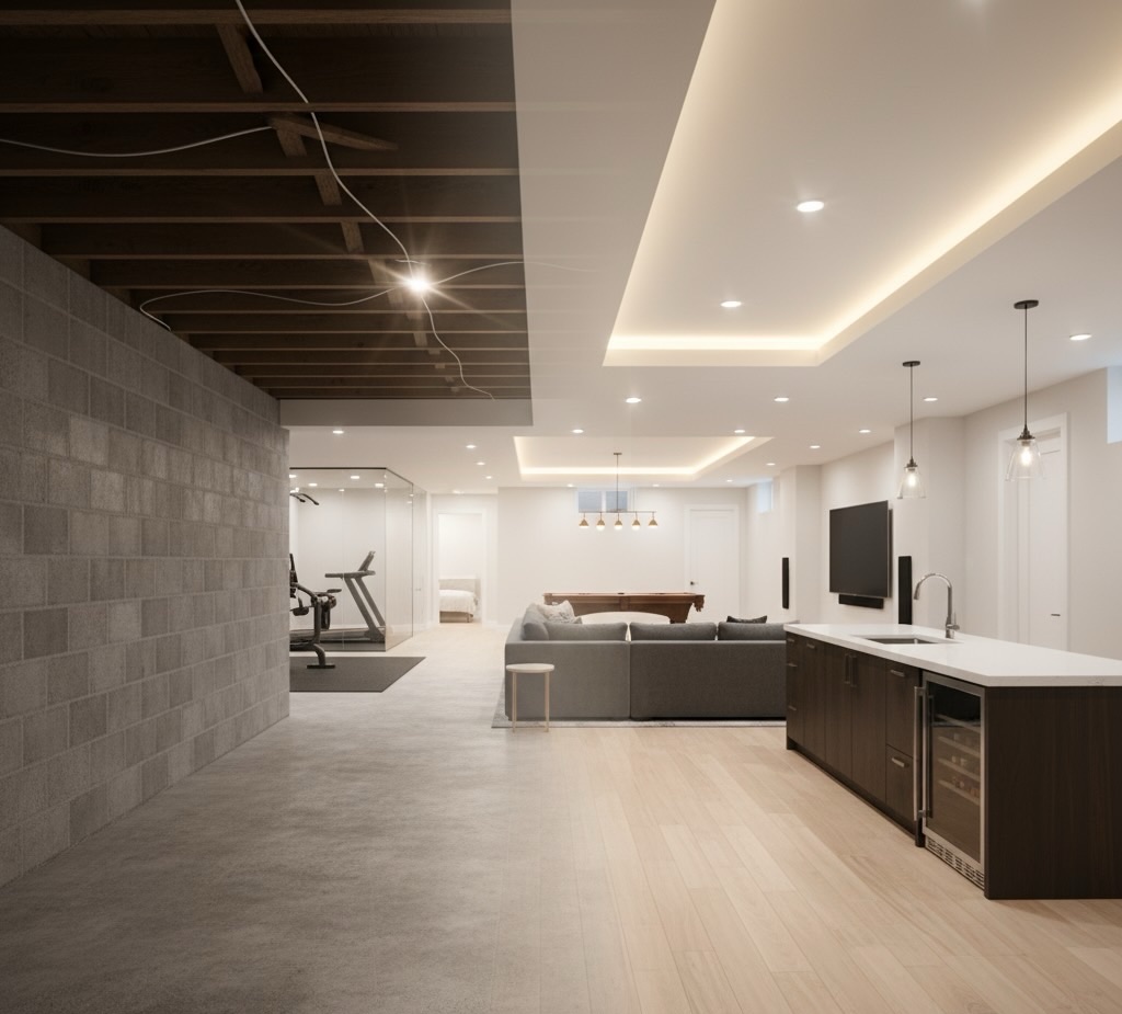 A modern finished basement representing design ideas